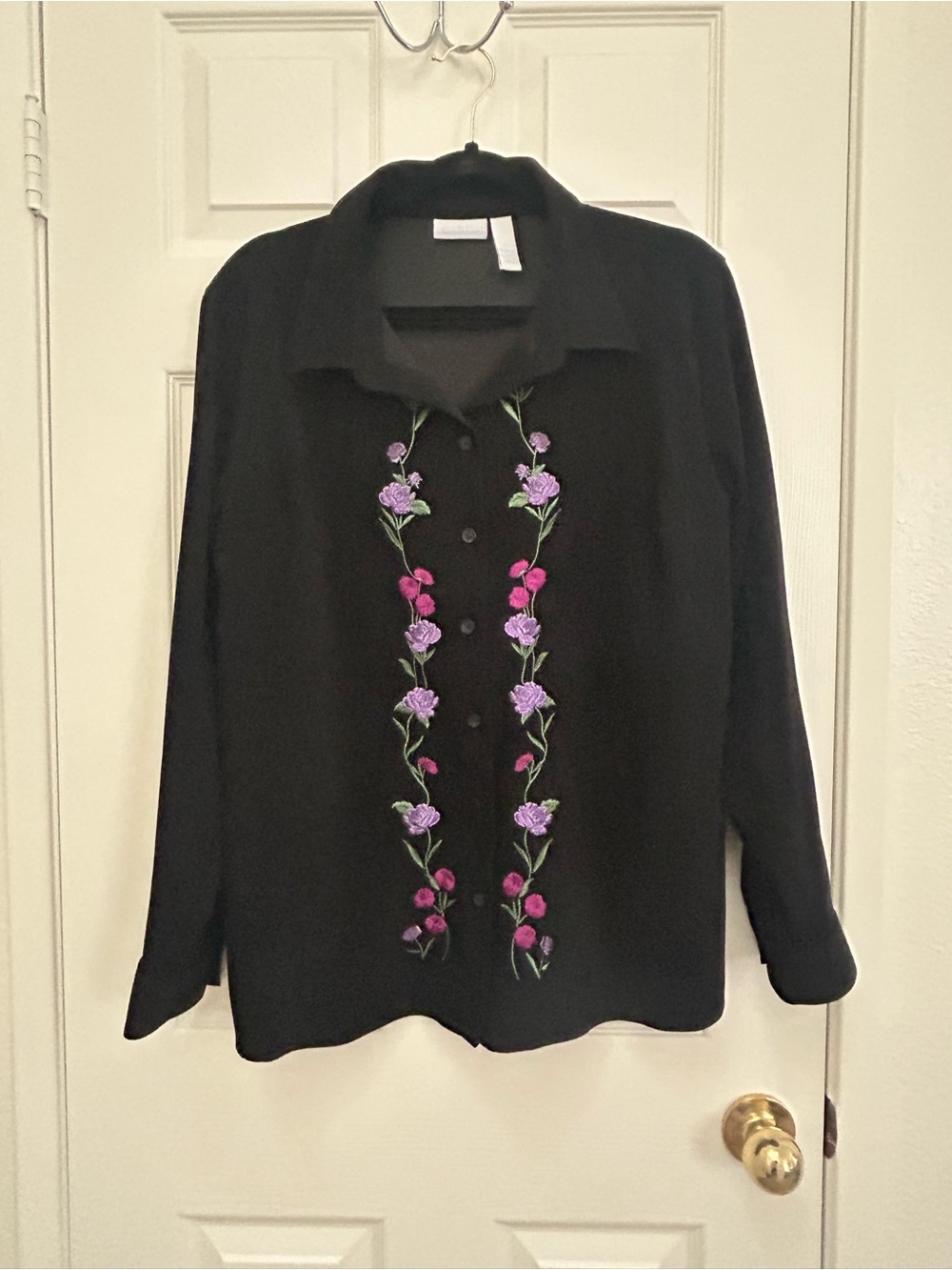 Cascade Blue Button-Up Top with Purple & Pink Floral Embroidery | Size Large